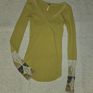 Free People Mustard Long Sleeve Top with Lace Accents